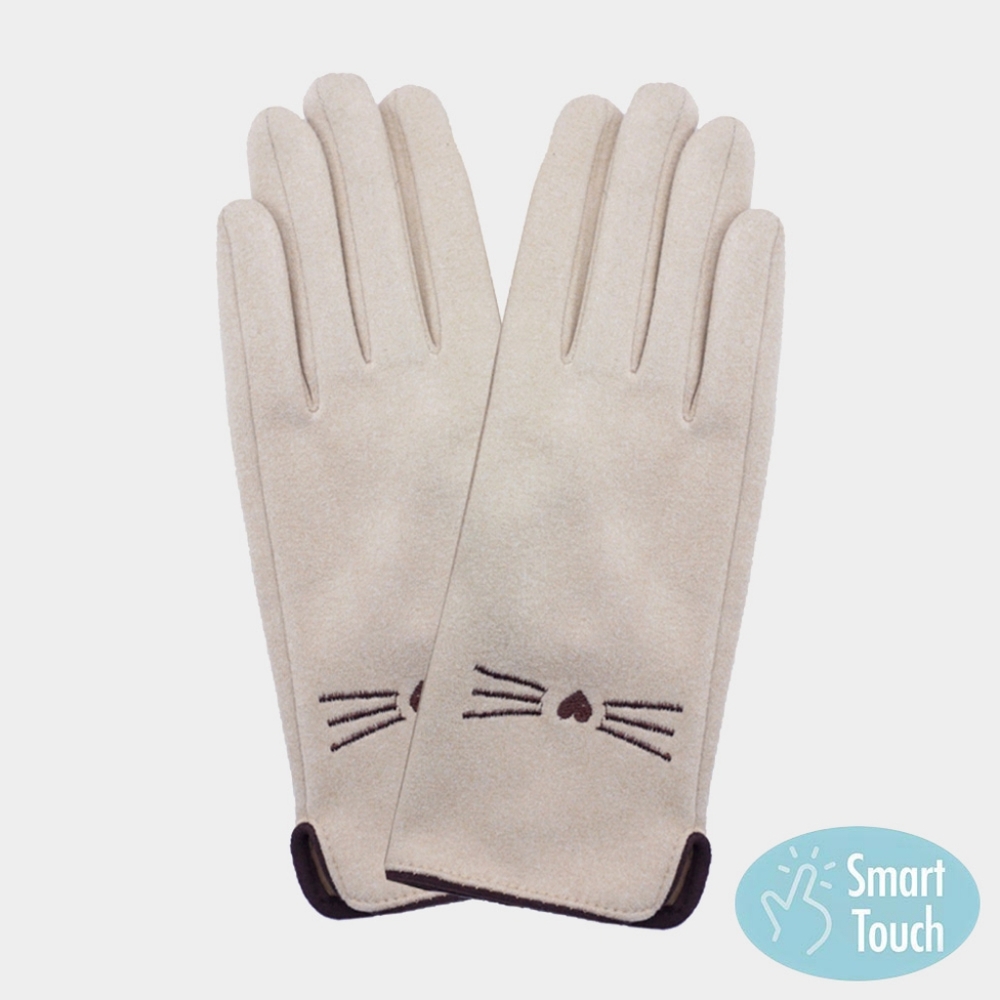 Beige Cat Whiskers Suede Smart Touch Fun Winter Gloves Trendy Statement